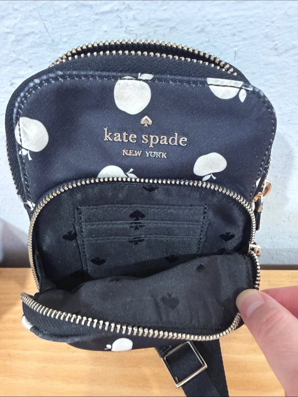 kate spade Black with Cream Apple Print Crossbody Pouch